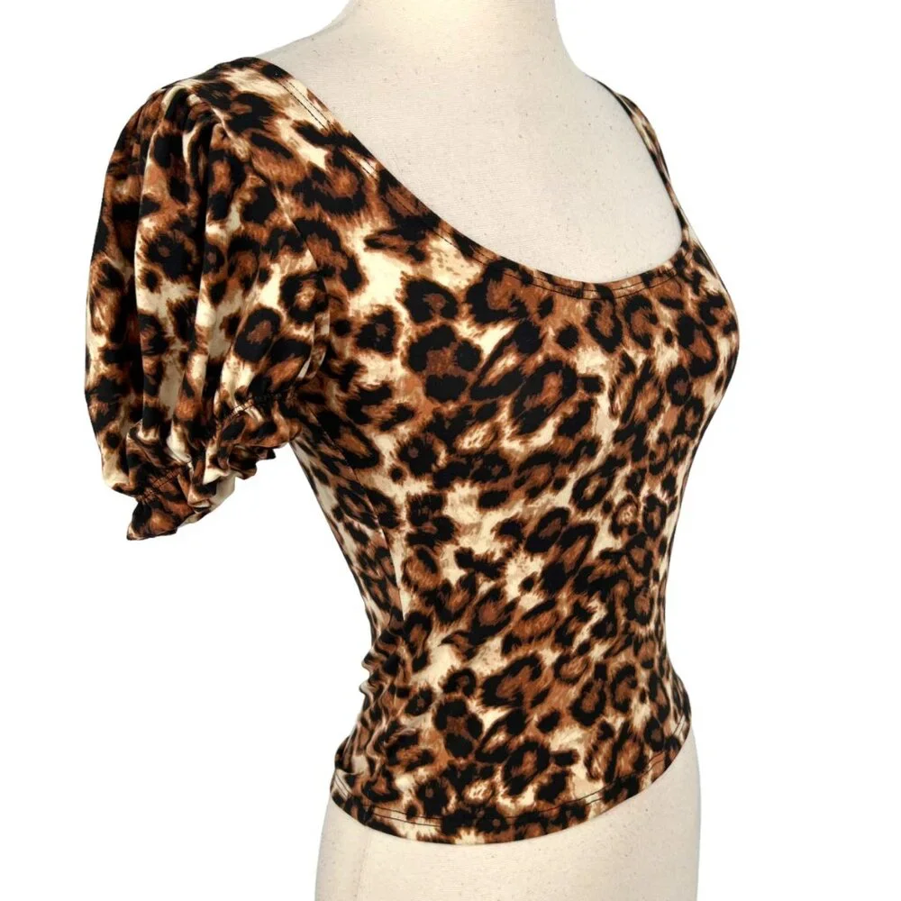 One by One Leopard Print Puff Sleeve Scoop Neck Top Dark Brown Cream Large NWT